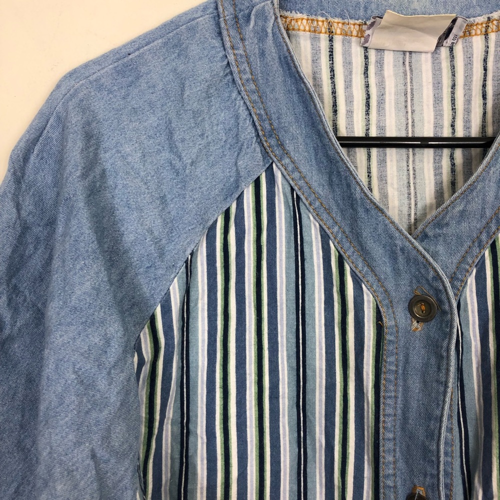 Vintage Striped Short Sleeve Denim Button Down Sz L - Picture 6 of 12